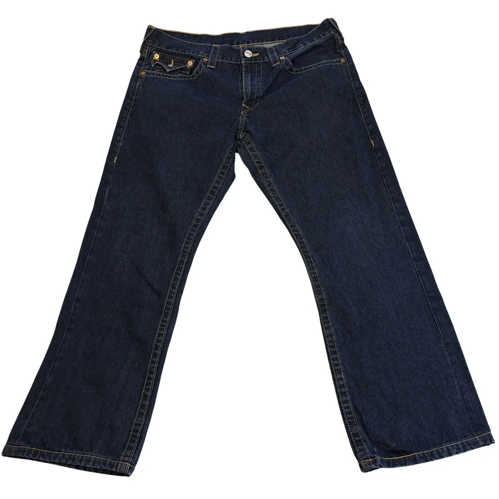 True Religion Straight Leg Jeans Mens 36 Dark Wash Denim Flap Pocket Indigo Y2K
